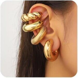 KISS WIFE 4 Pcs Chunky Ear Cuffs | Non-Piercing 14K Gold Plated Cartilage Hoops